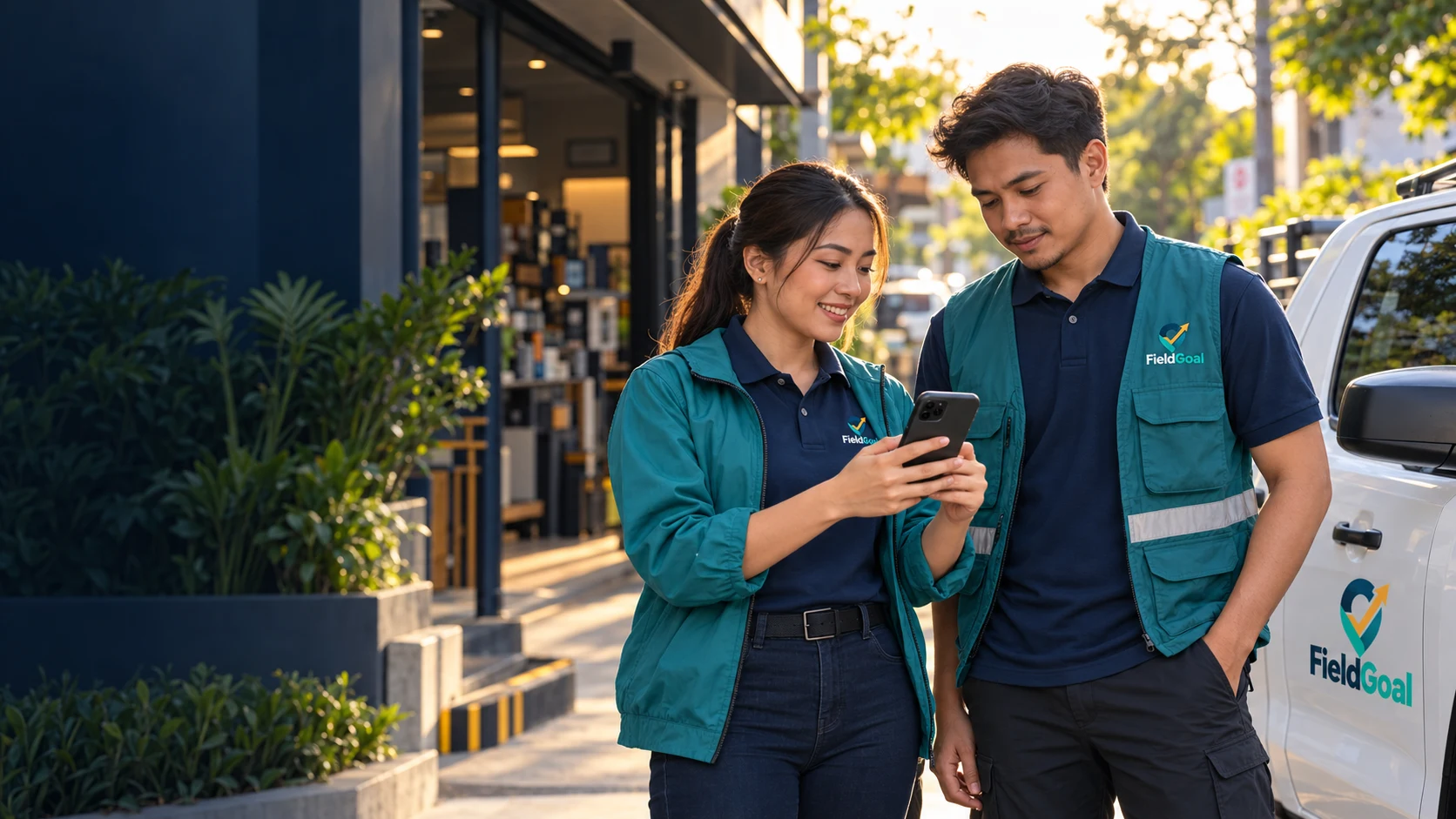 Illustrated FieldGoal team reviewing a phone beside a parked service vehicle
