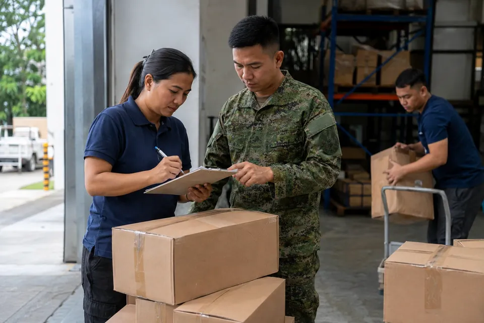 Illustration of military and civilian colleagues checking supplies