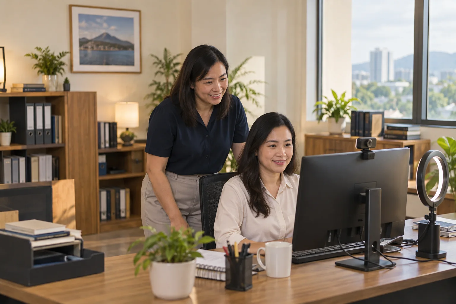 Workplace illustration of a colleague assisting with face enrollment