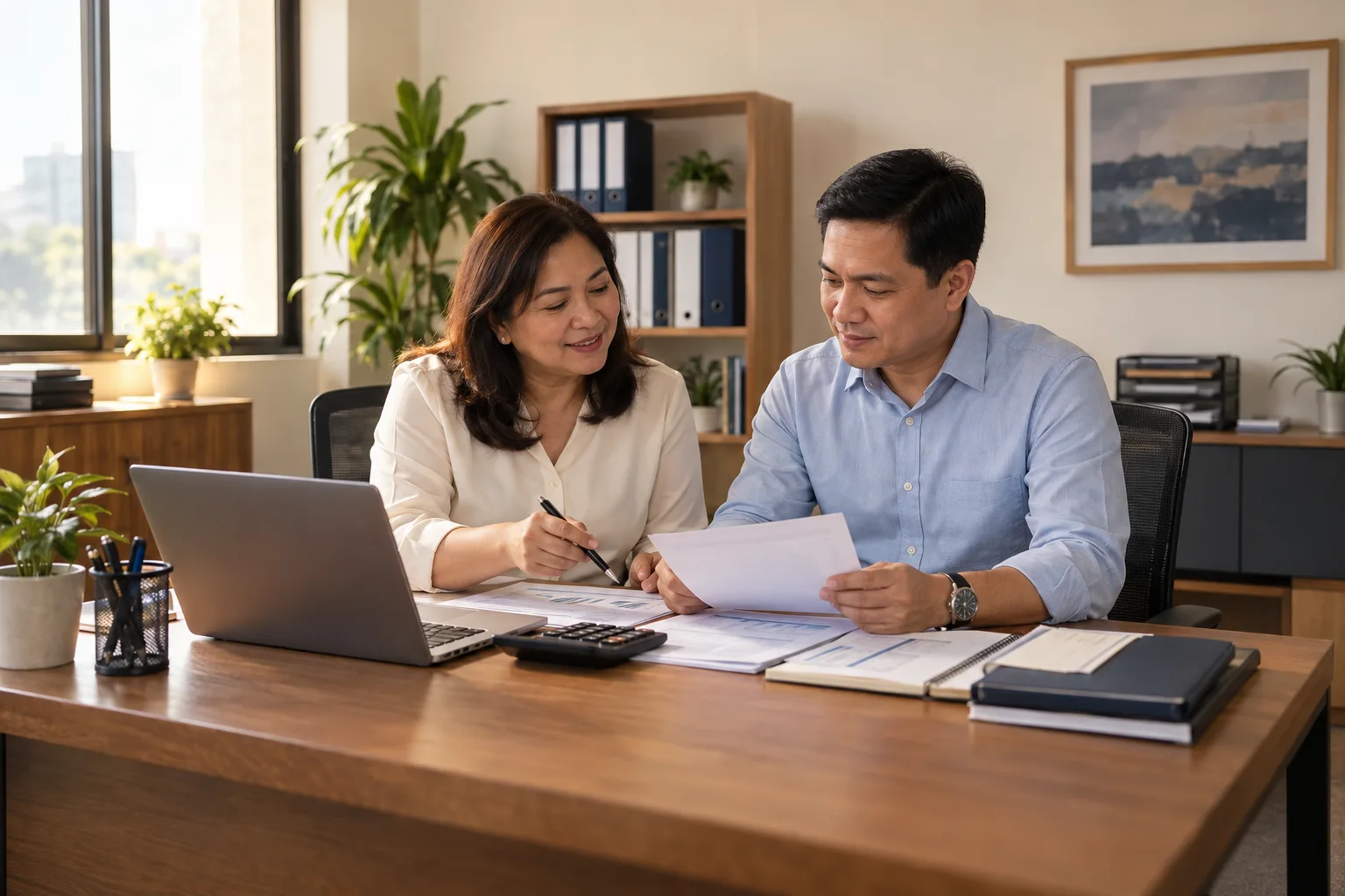 Workplace illustration of finance staff reviewing payroll