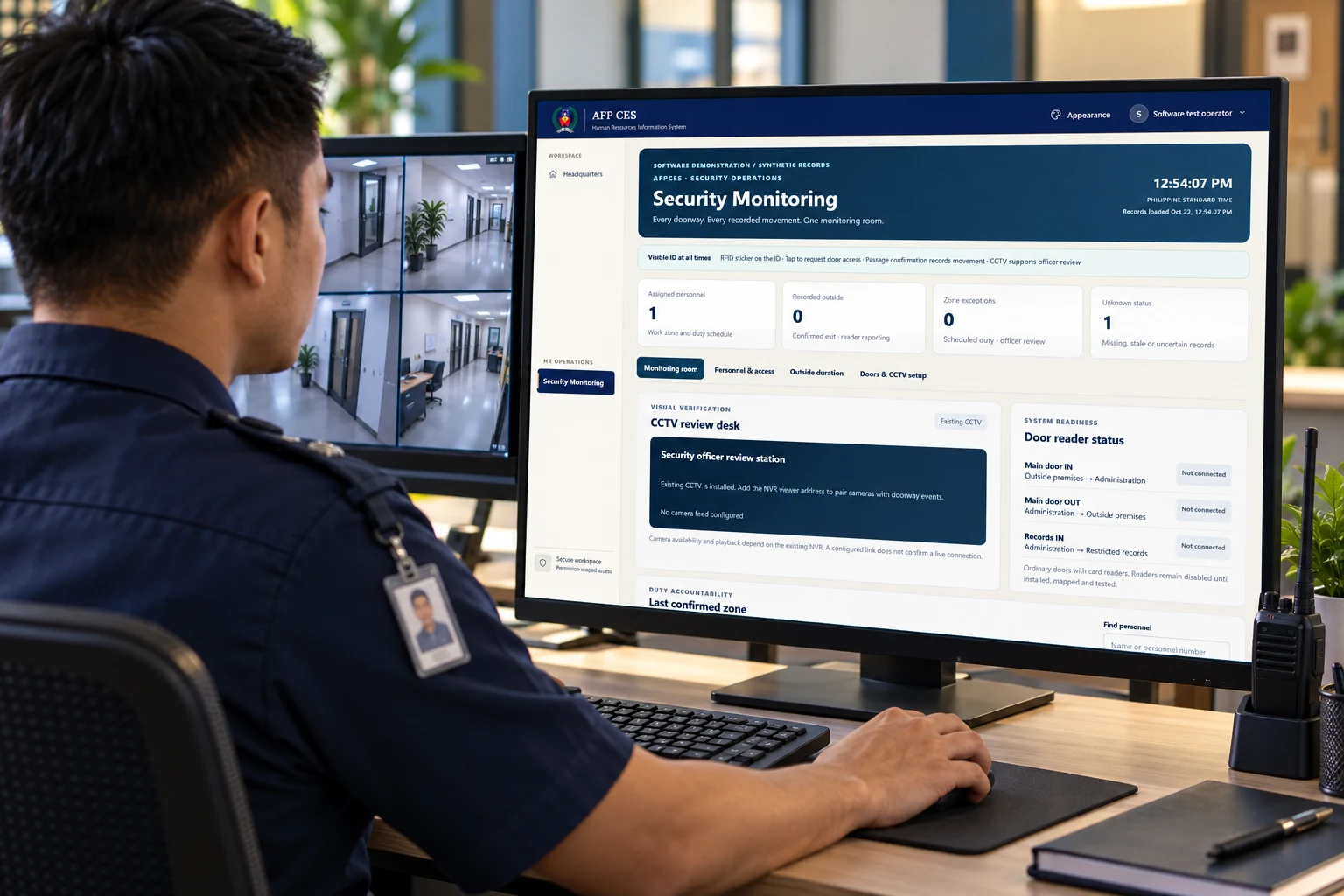 AI-generated security officer reviewing the actual AFPCES software screen with synthetic records