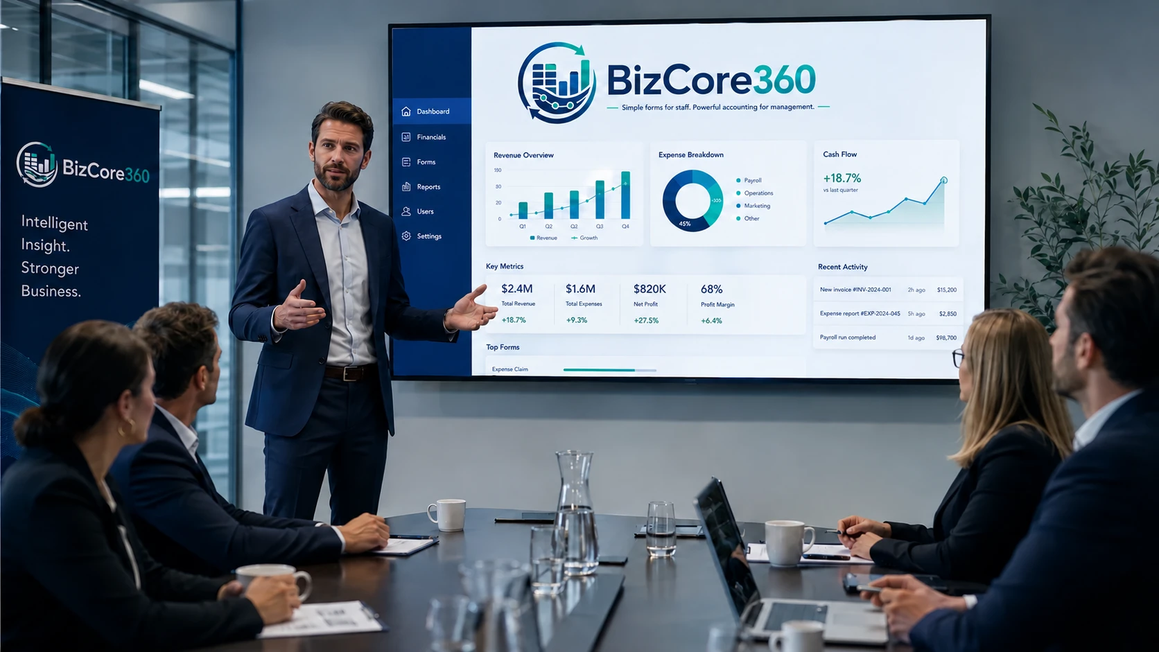 AI illustration of a BizCore360 executive dashboard presentation
