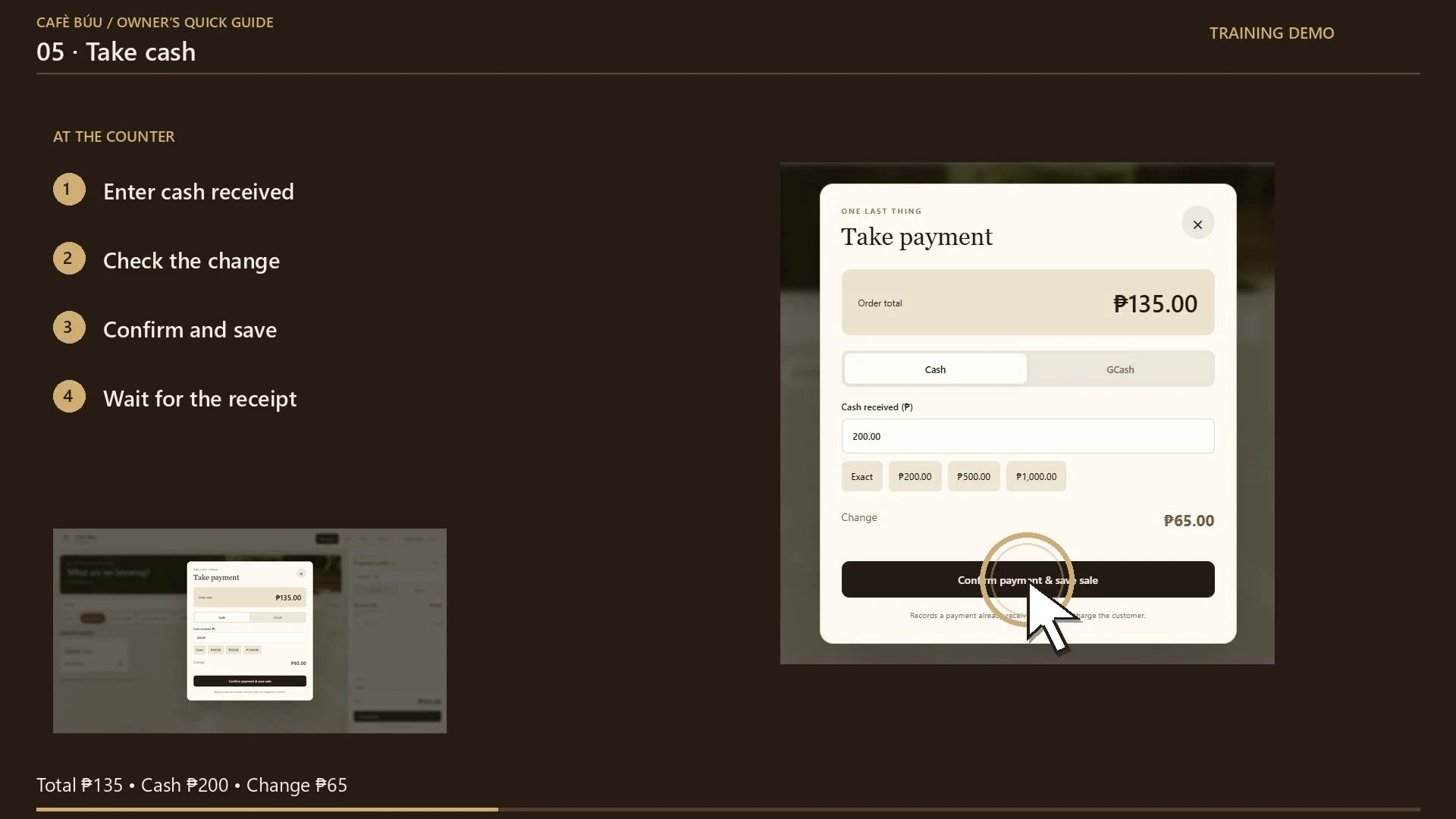Training AVP preview with a large pointer demonstrating the cash payment screen