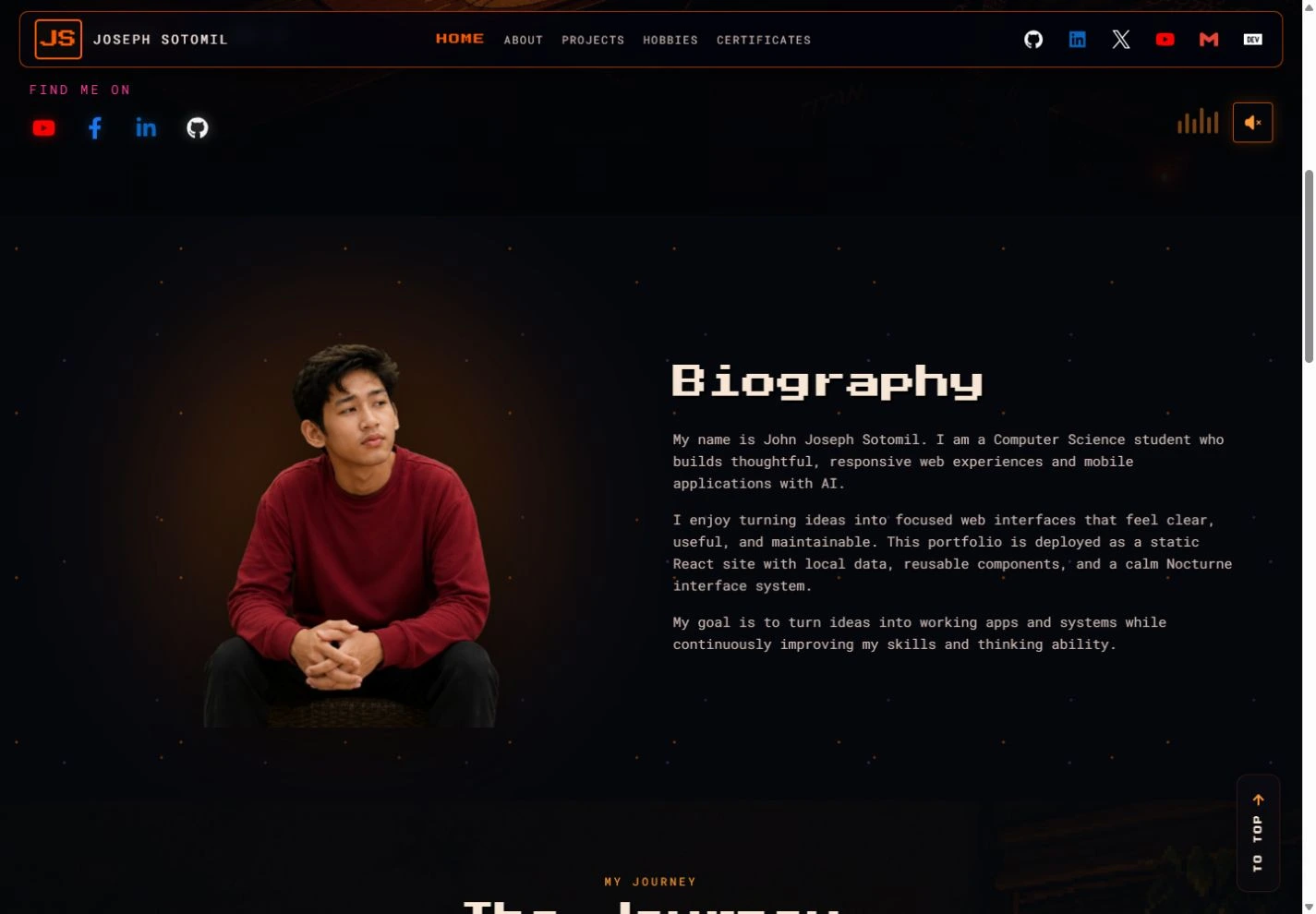 Actual public biography section screenshot of Joseph Sotomil’s Coffee Toffees portfolio