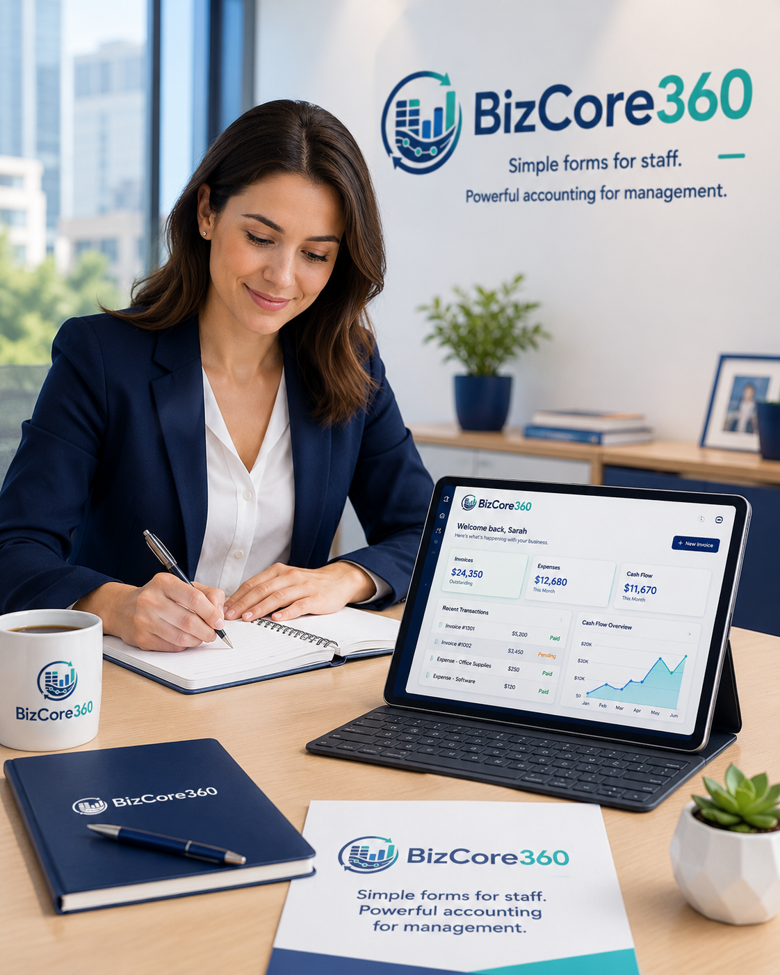 Businesswoman using a BizCore360 dashboard on a tablet in an office