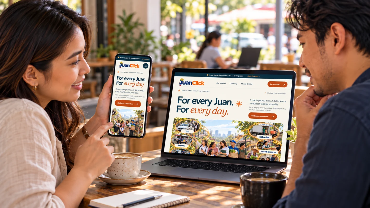 AI-generated illustration of people exploring the real JuanClick website on a phone