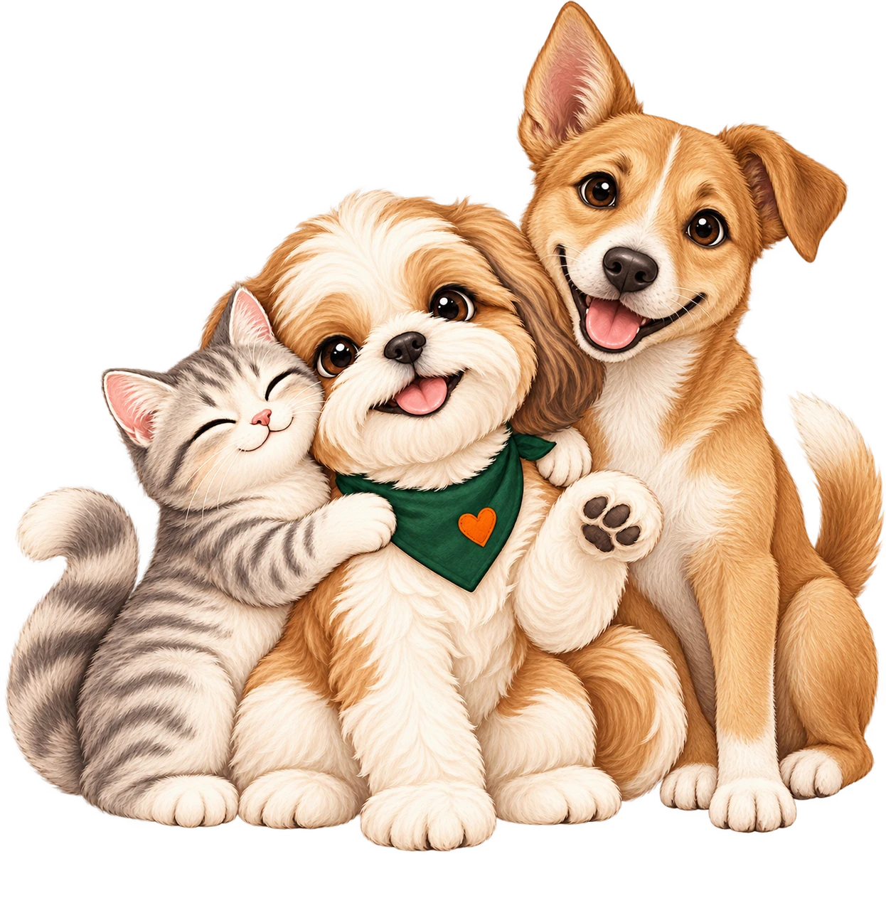 Juan for Paws family: a cat hugging a Shih Tzu beside a friendly Pinoy askal