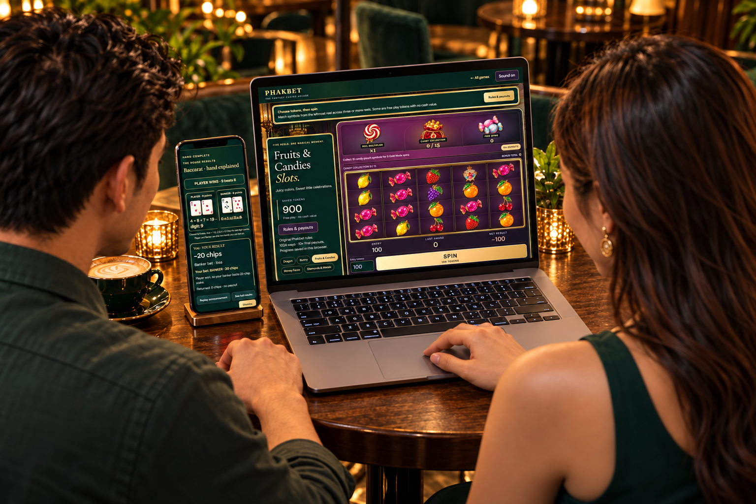AI illustration viewed over fictional players’ shoulders, showing Phakbet jewel-fruit reels on a laptop and royal Baccarat cards on a normal-size phone, both screens facing the players