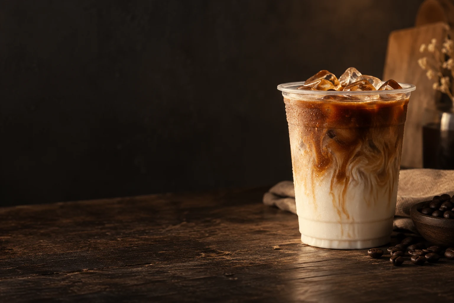 Illustrative iced espresso latte in warm afternoon light
