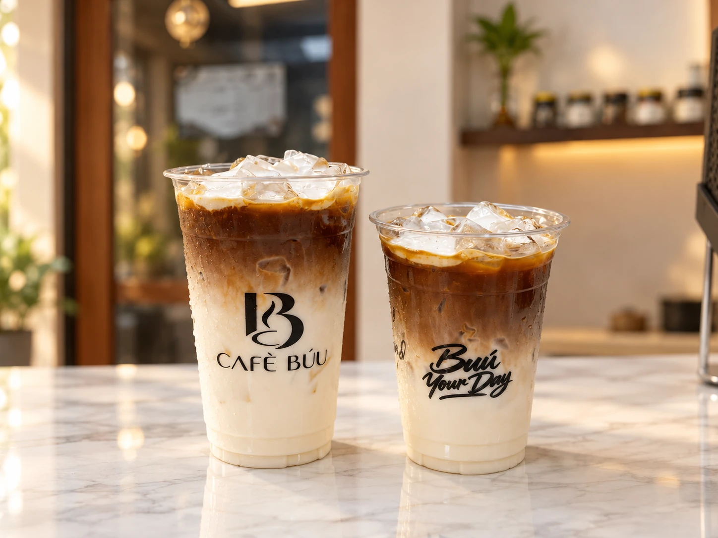 Two actual Cafè Búu iced drinks in branded cups, with lighting and background enhanced
