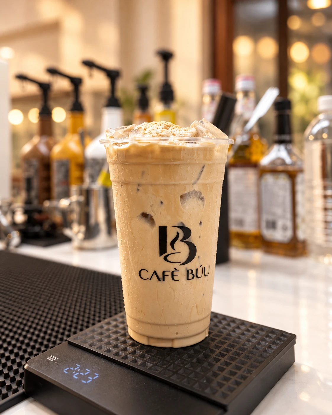 Cafè Búu’s actual iced drink in its branded cup, with lighting and background enhanced