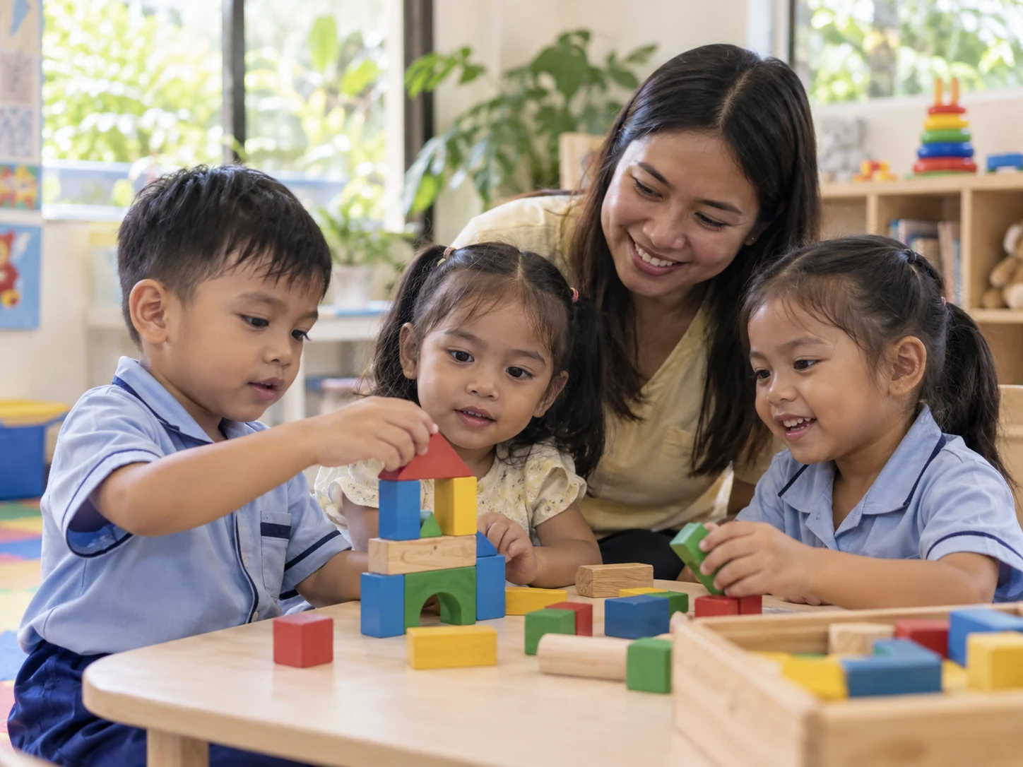 Illustrative preschool scene with children exploring colorful wooden blocks.