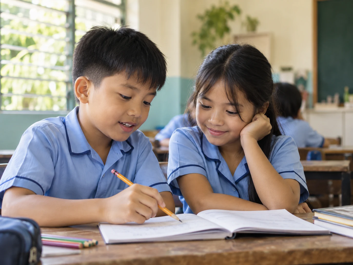 Illustrative scene of two pupils sharing ideas over a notebook.