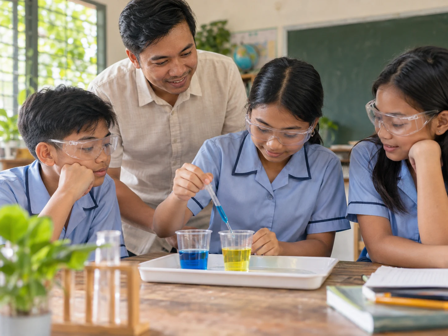 Illustrative scene of students investigating a science activity with a teacher.