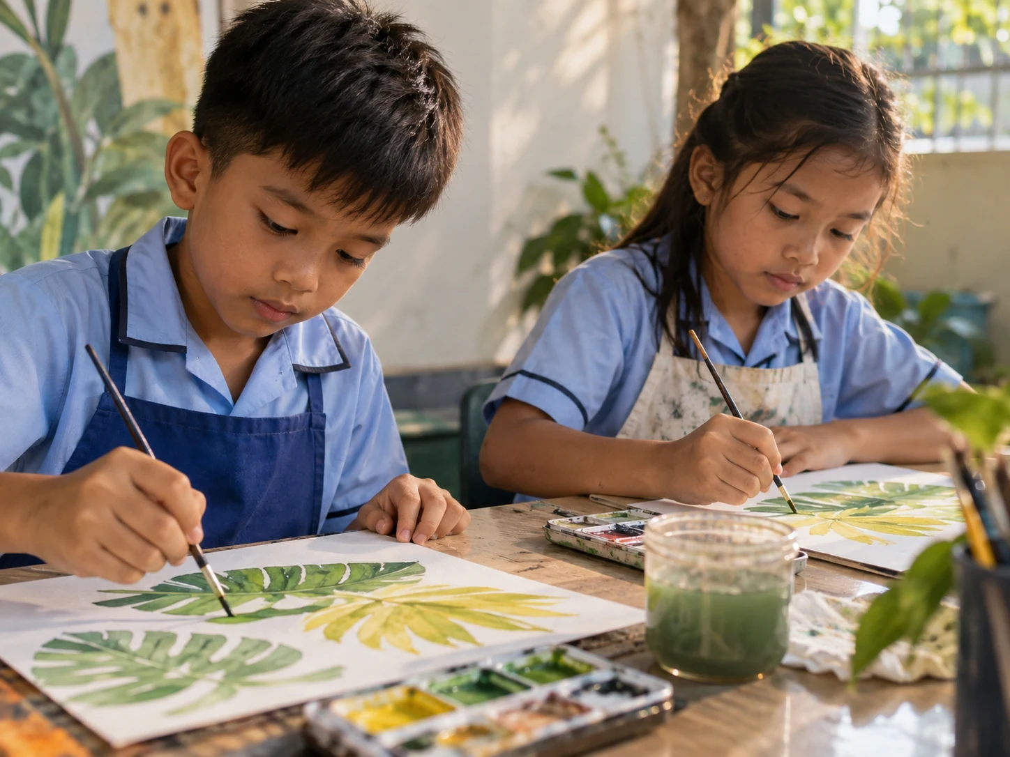 Illustrative scene of children expressing their ideas through watercolor painting.
