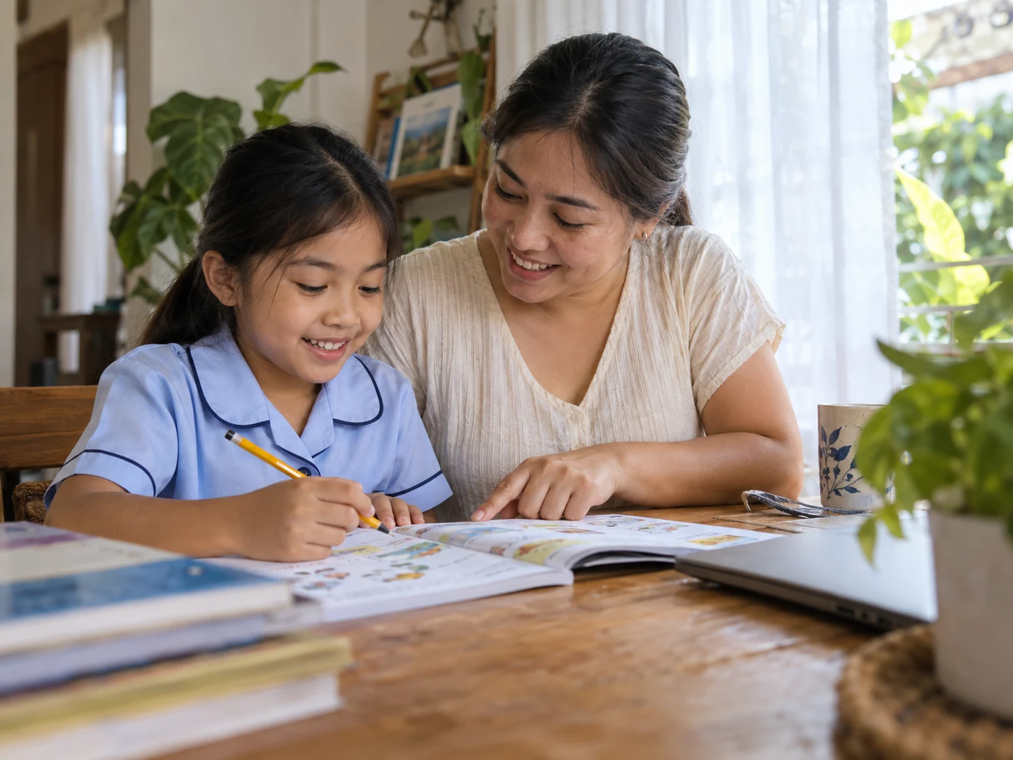 Illustrative scene of a parent and child learning together at home.