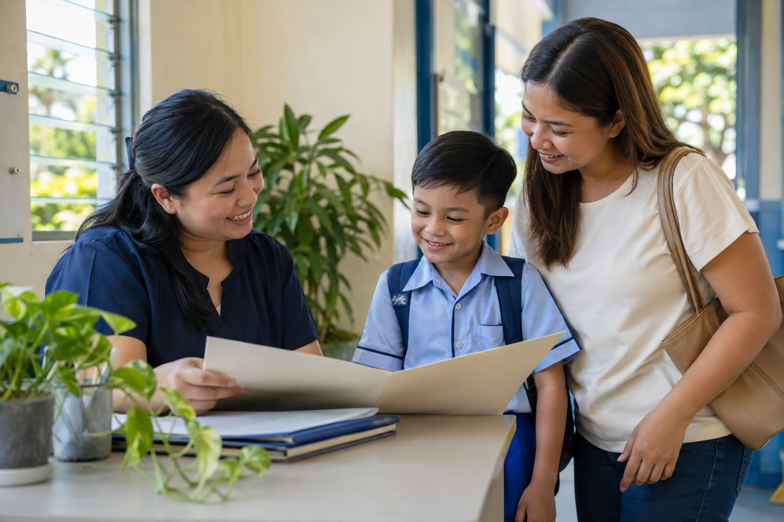 Illustrative scene of a teacher welcoming a parent and child.
